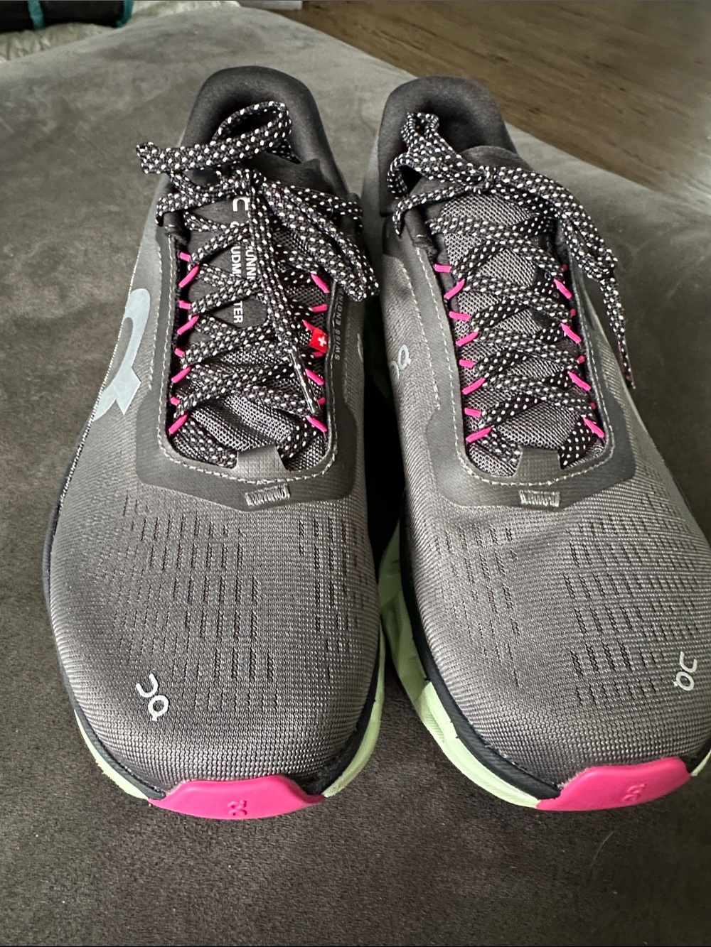 On Running Women's Gray Running Shoes with Pink and Light Green Accents